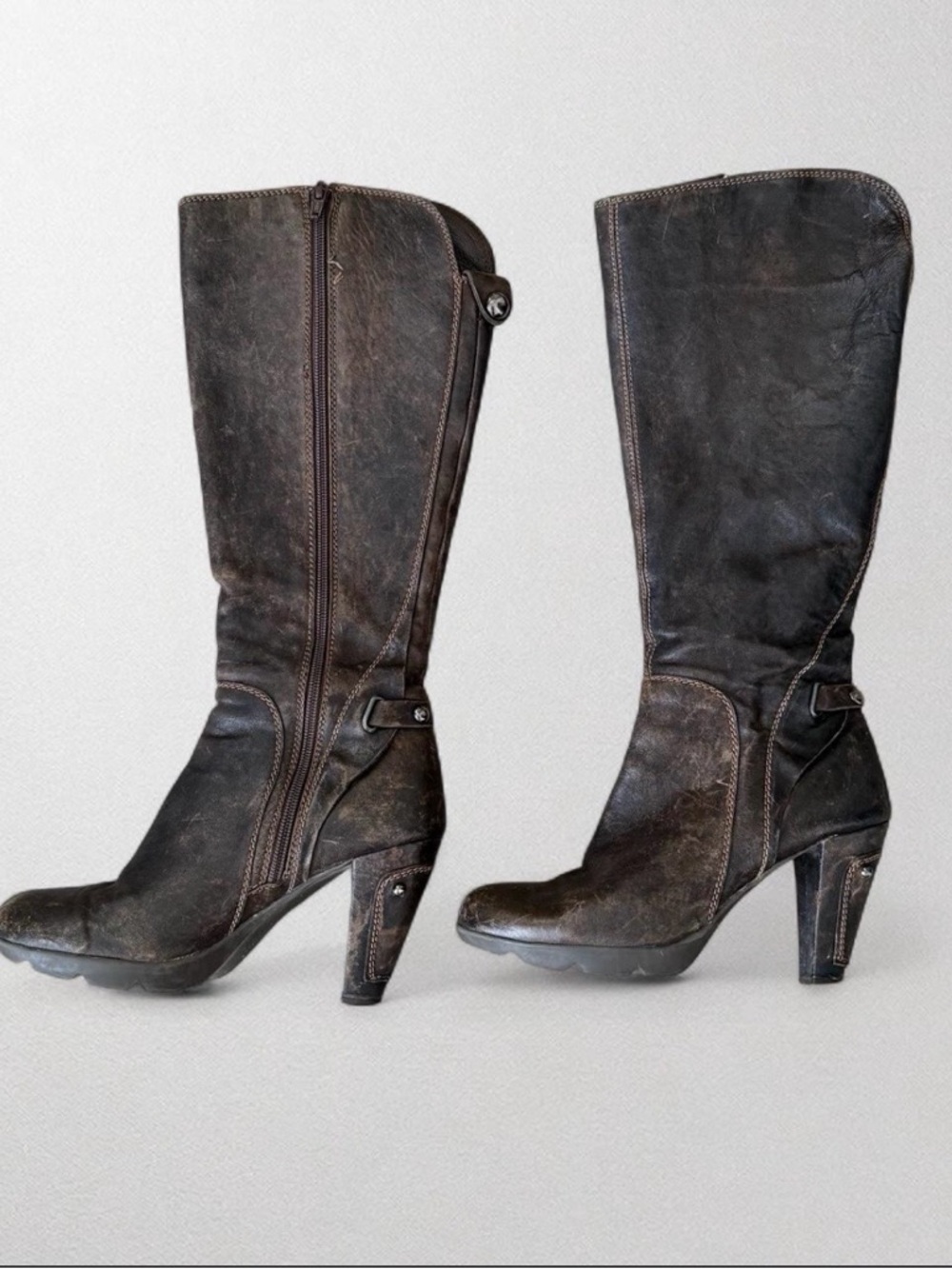 Browns Dark Brown Leather Knee-High Heeled Boots Moto